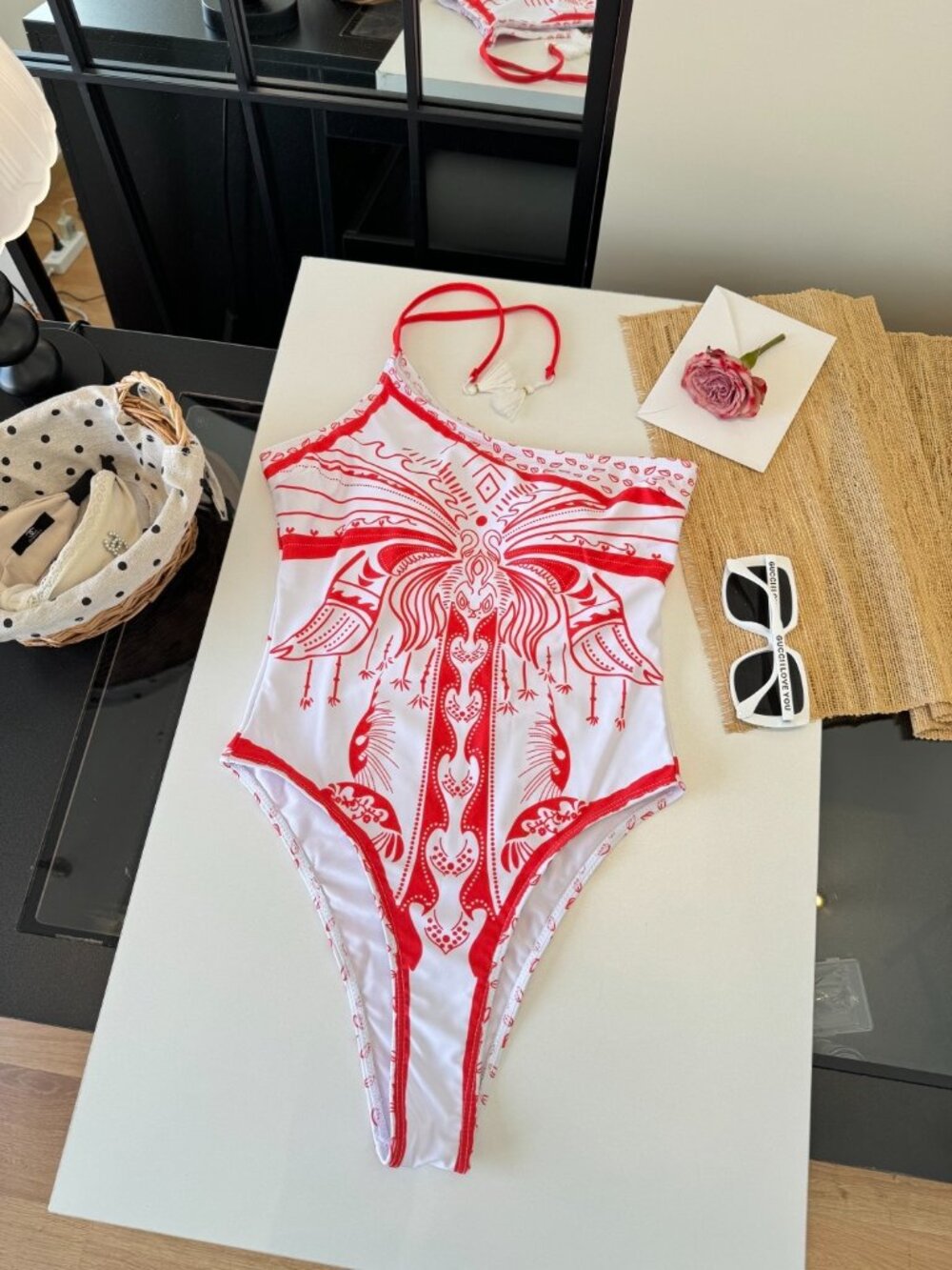 Versace Red and White Pattern One-Shoulder One-Piece Swimsuit - Picture 7 of 9